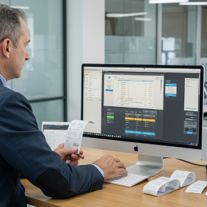 Hombre con traje mirando el ordenador