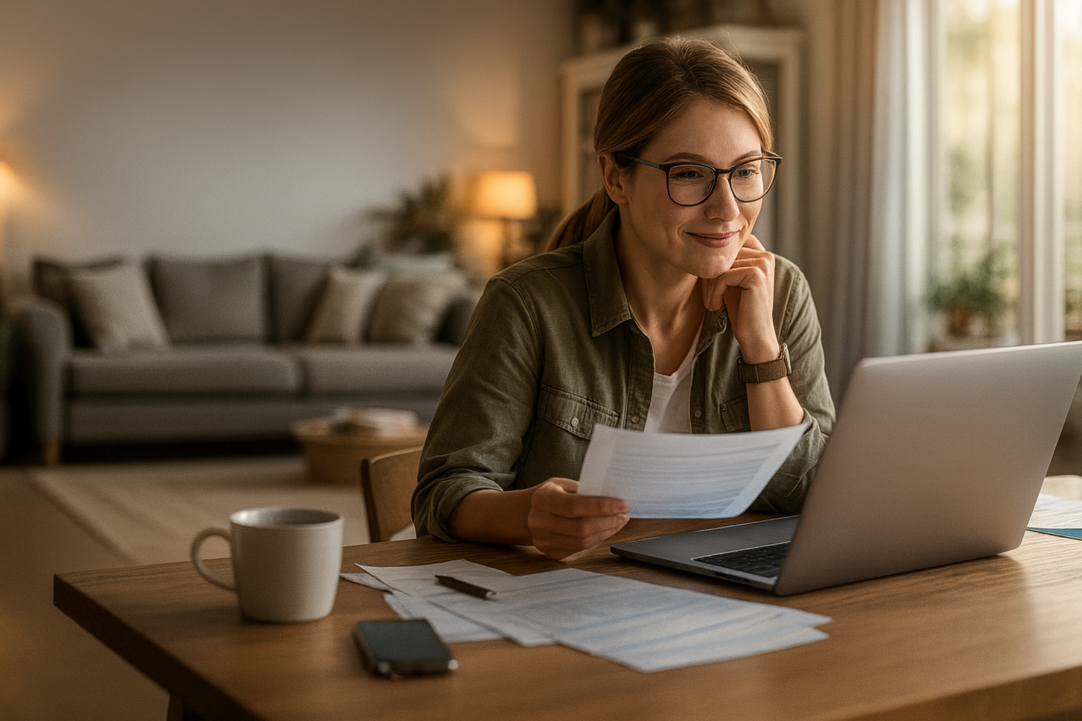 Mujer en su casa con ordenador
