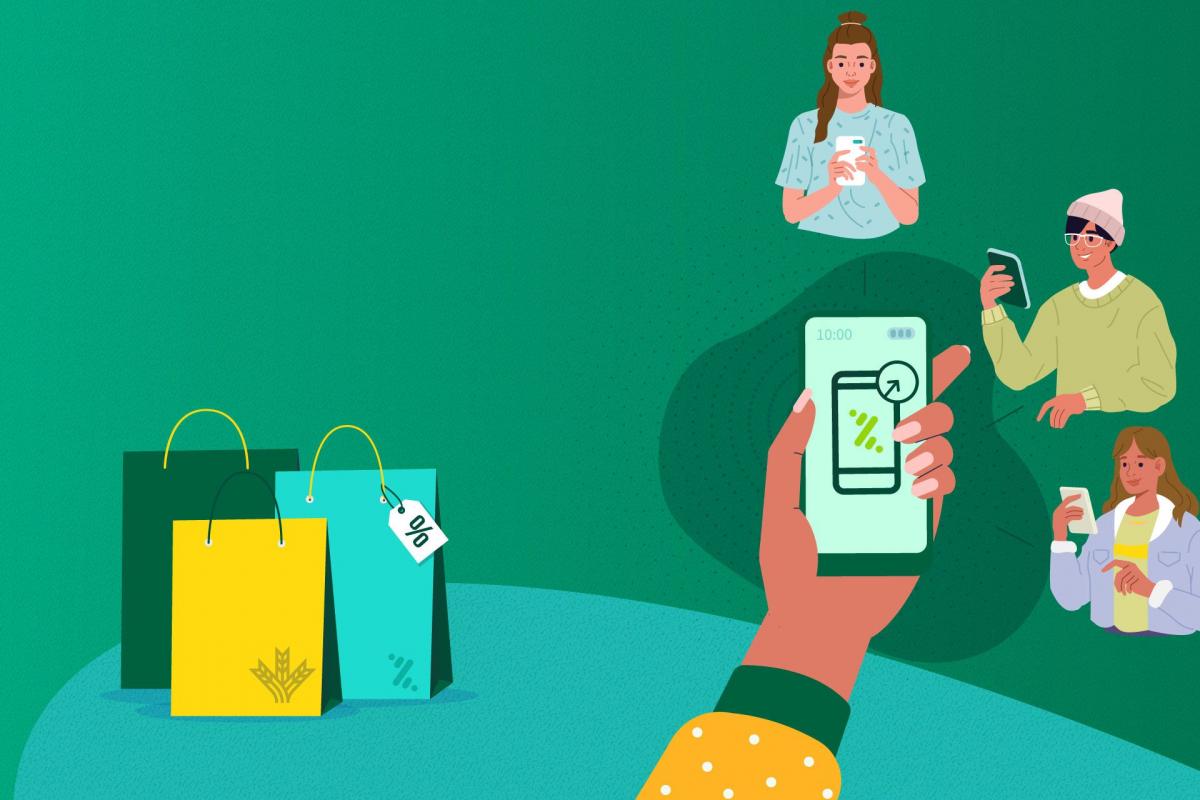 Gente con el móvil y bolsas de la compra Gente con el móvil y bolsas de la compra