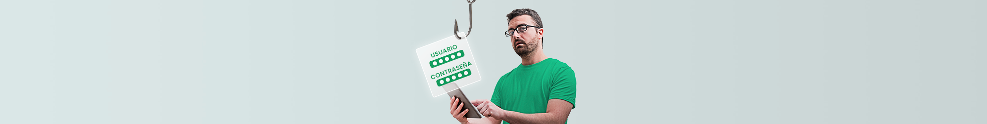 Smishing - chico con tablet en la mano, anzuelo pescando usuario y contraseña